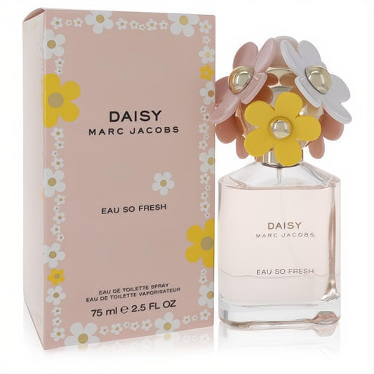 Elegant Marc Jacobs Daisy Eau So Fresh 2.5 oz EDT. Clear bottle, light pink fragrance, vibrant floral daisy cap, and matching pink box.