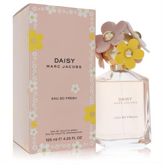 Marc Jacobs Daisy Eau So Fresh 4.2 oz EDT spray. Clear bottle with pink liquid, topped by a charming pastel daisy cap, beside its floral pink box.
