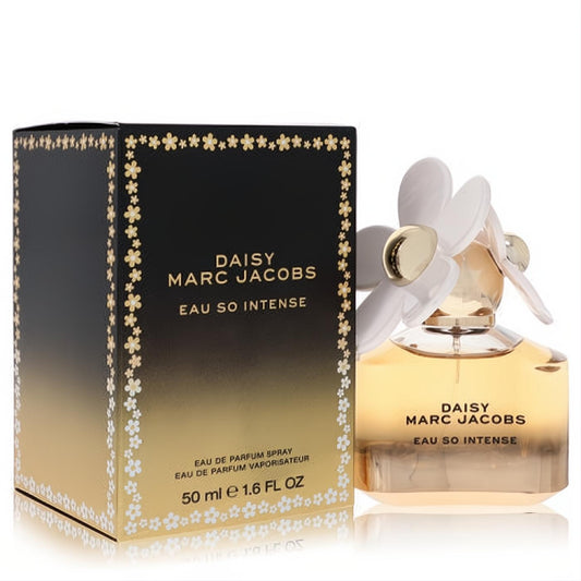 Marc Jacobs Daisy Eau So Intense 1.6 oz EDP. Golden perfume bottle with signature white daisy cap and elegant black floral box.