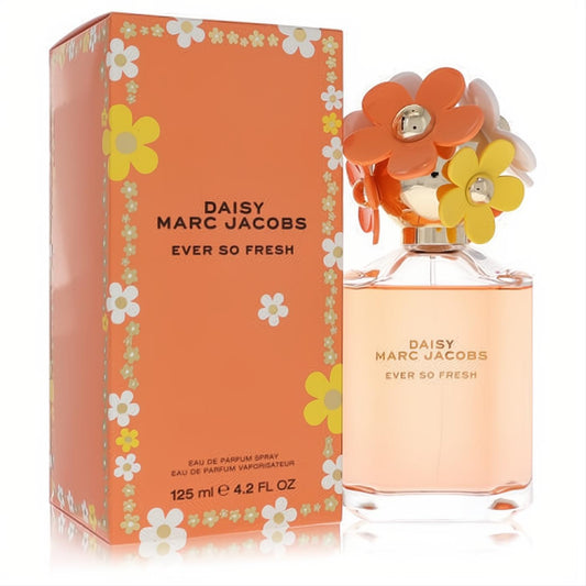 Marc Jacobs Daisy Ever So Fresh 4.2 oz Eau de Parfum. Clear bottle, peach liquid, vibrant orange, yellow, white daisy cap, and matching floral box.