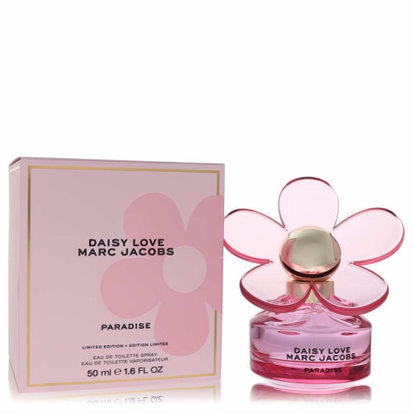 Marc Jacobs Daisy Love Paradise 1.6 oz Limited Edition Eau de Toilette. Features a vibrant pink daisy bottle with gold accents.