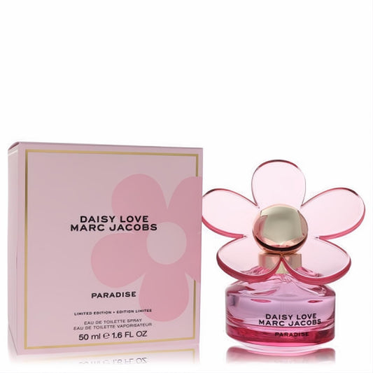 Marc Jacobs Daisy Love Paradise 1.6 oz Limited Edition Eau de Toilette. Features a vibrant pink daisy bottle with gold accents.