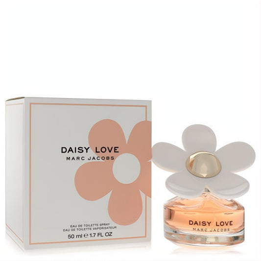 Charming Marc Jacobs Daisy Love 1.7 oz EDT spray with a clear bottle, peach liquid, and iconic white daisy cap with gold center, beside its floral box.