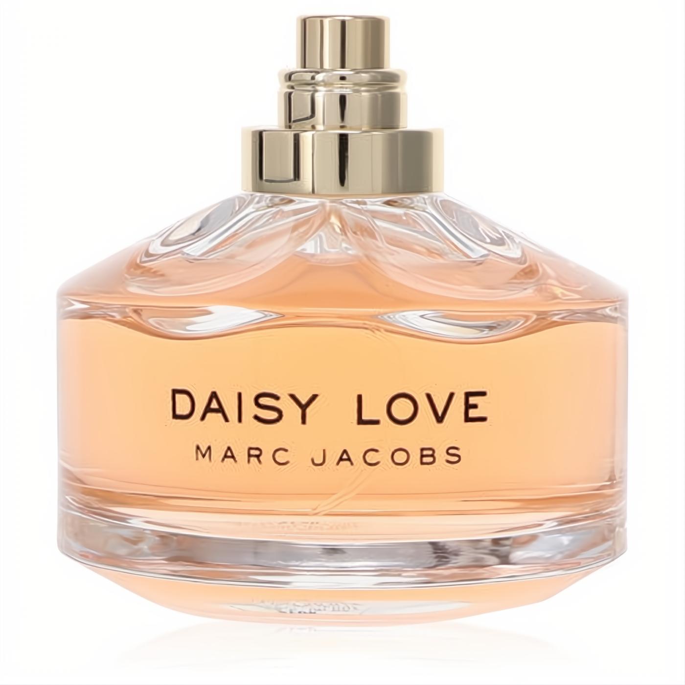 Romantic Daisy Love Marc Jacobs 3.4 oz women's tester perfume. Clear glass bottle with warm peach liquid and elegant gold cap.