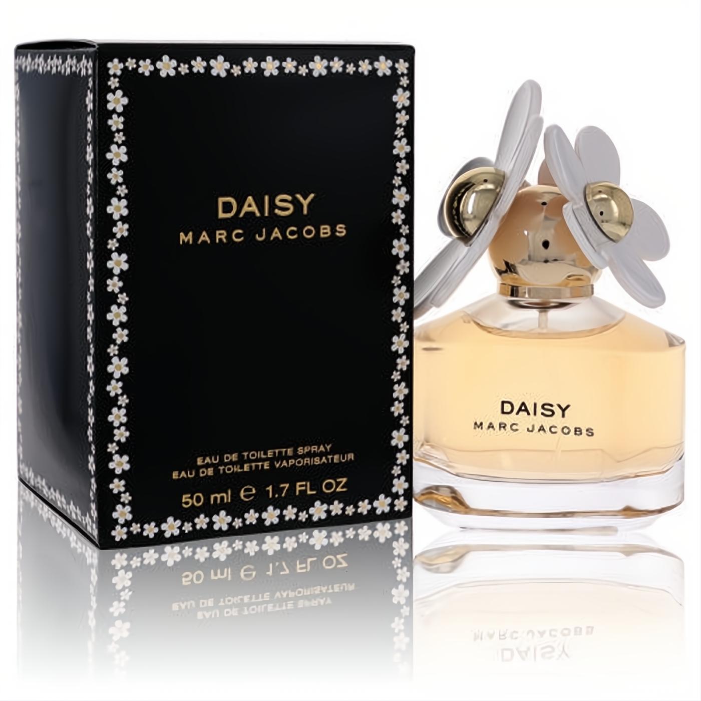 Elegant Daisy by Marc Jacobs 1.7 oz women's Eau De Toilette spray, featuring a unique white daisy cap and stylish black floral box.