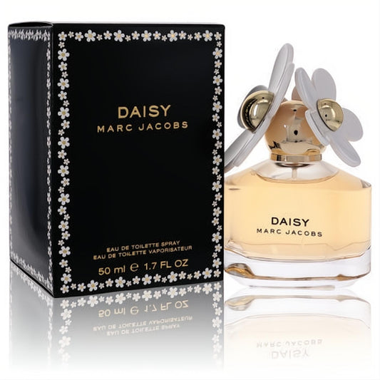 Elegant Daisy by Marc Jacobs 1.7 oz women's Eau De Toilette spray, featuring a unique white daisy cap and stylish black floral box.