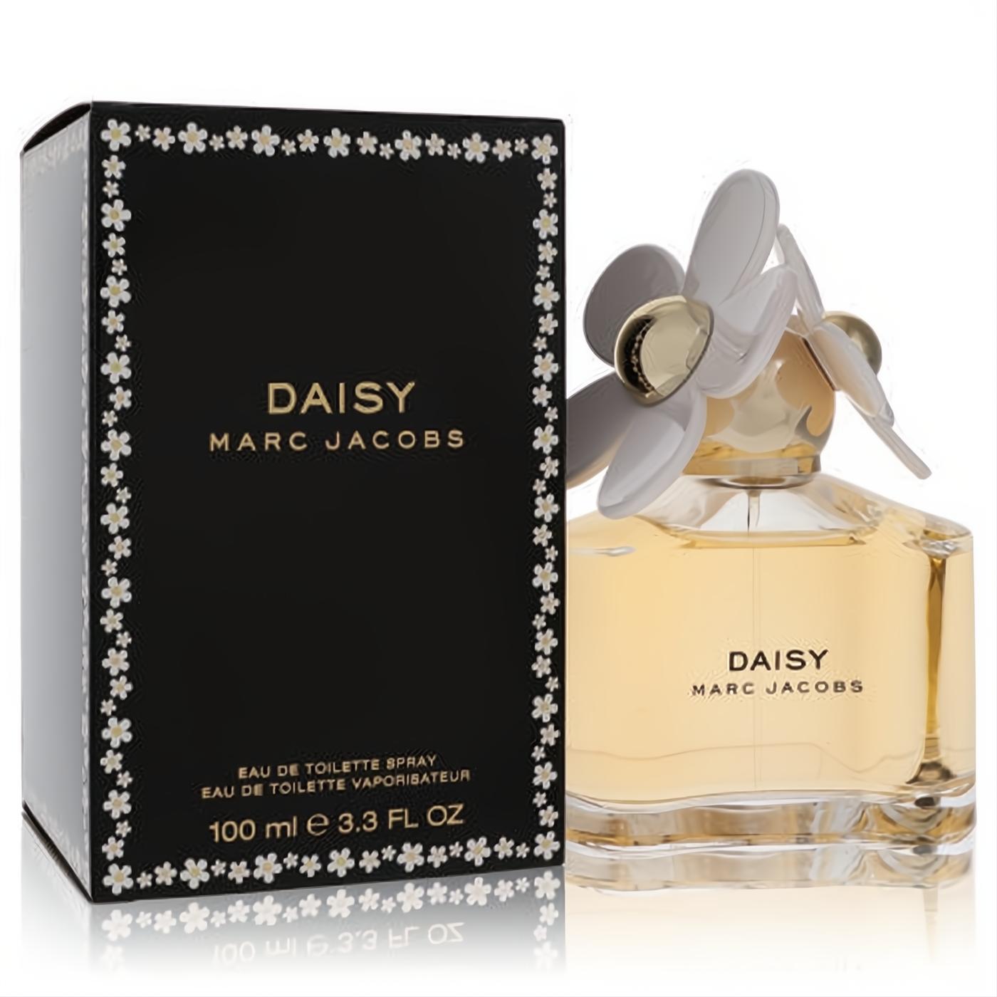 Marc Jacobs Daisy Eau De Toilette 3.3 oz spray. Elegant clear bottle with golden liquid, signature white daisy cap, and stylish black floral box.