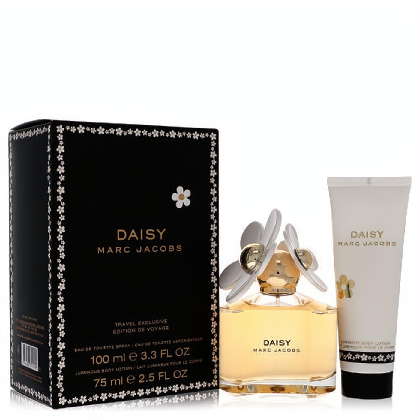 Marc Jacobs Daisy women's gift set: a radiant 3.4 oz perfume bottle with a signature white daisy cap and a 2.5 oz body lotion.