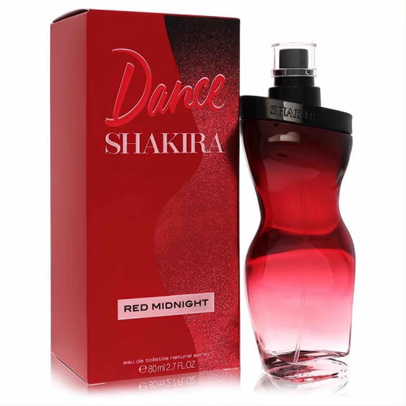 Shakira Dance Red Midnight 2.7 oz EDT. Elegant red hourglass bottle, black cap, and matching vibrant red box.