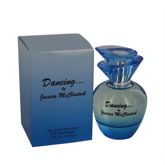 Dancing by Jessica McClintock 1.7 oz EDP spray. Elegant clear blue bottle with a unique faceted cap and matching gradient box.