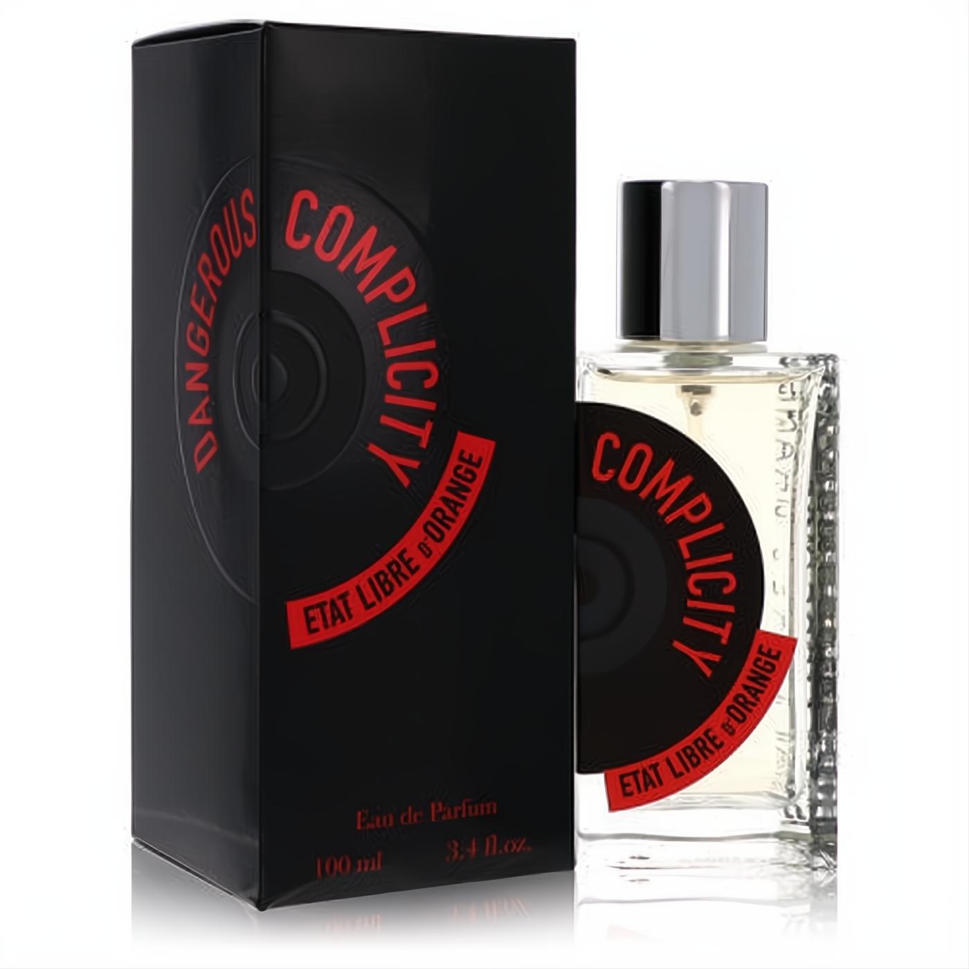 Bold Etat Libre D'Orange Dangerous Complicity 3.4 oz unisex EDP. Clear glass bottle, silver cap, and sleek black box with striking red branding.