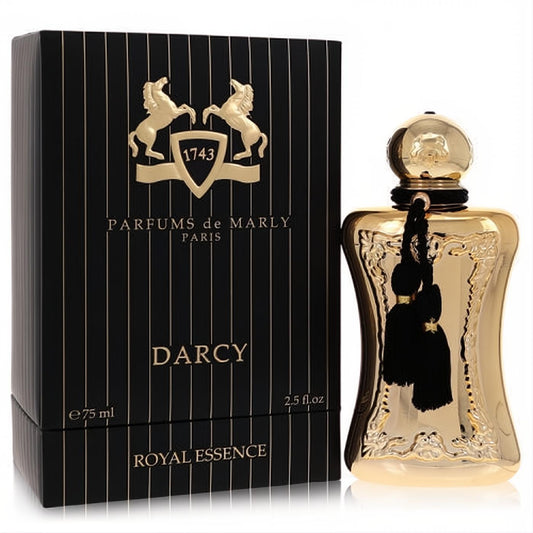 Regal Darcy Parfums De Marly 2.5 oz gold EDP spray with black tassel, next to its elegant black and gold striped box.