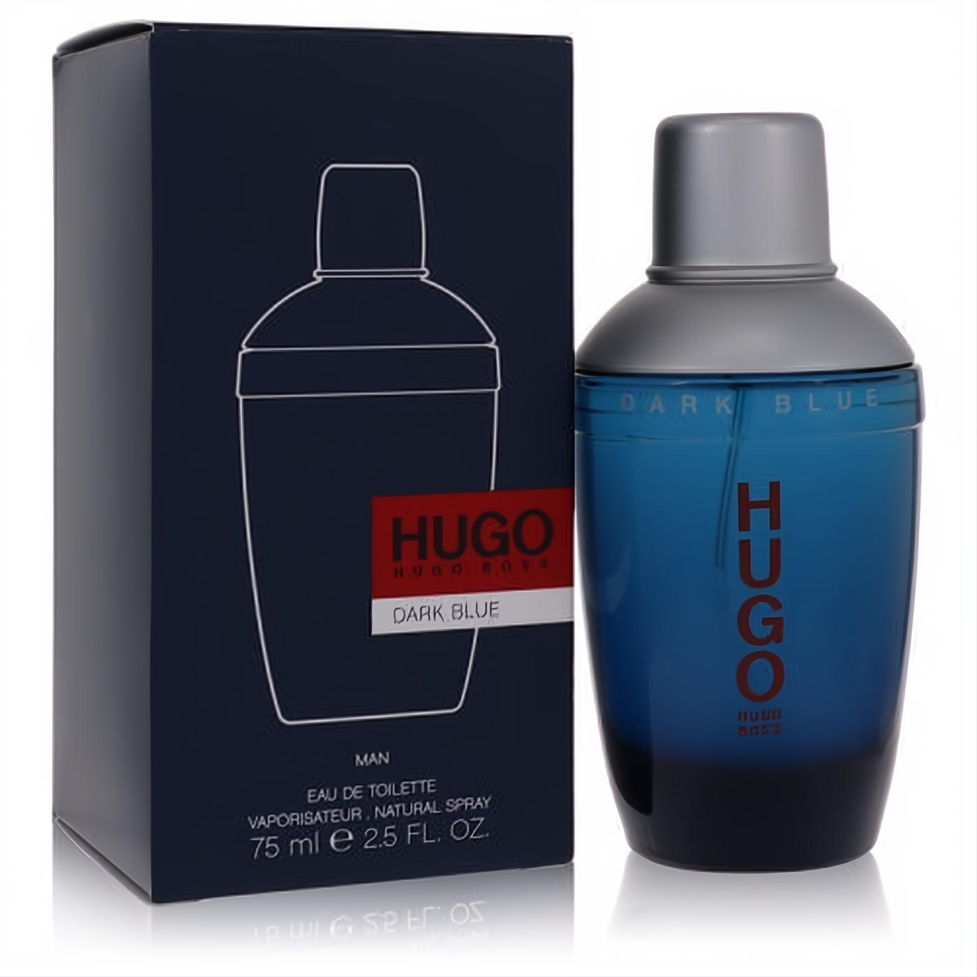 Experience Hugo Boss Dark Blue 2.5 oz EDT for men. A sophisticated dark blue glass bottle with a sleek silver cap and matching packaging.