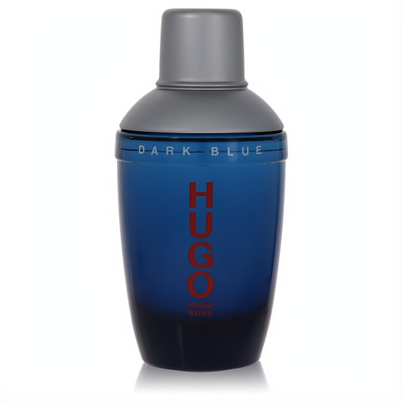 Hugo Boss Dark Blue men's EDT spray. Sleek dark blue bottle with bold red branding and modern grey cap.