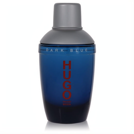 Hugo Boss Dark Blue men's EDT spray. Sleek dark blue bottle with bold red branding and modern grey cap.