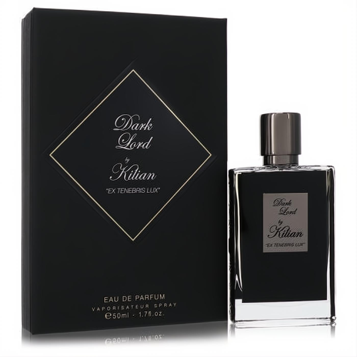 Dark Lord by Kilian 1.7 oz EDP. Bold black box with gold details, elegant clear glass bottle, dark label, and silver cap.