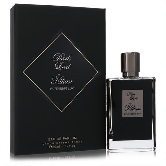 Dark Lord by Kilian 1.7 oz EDP. Bold black box with gold details, elegant clear glass bottle, dark label, and silver cap.
