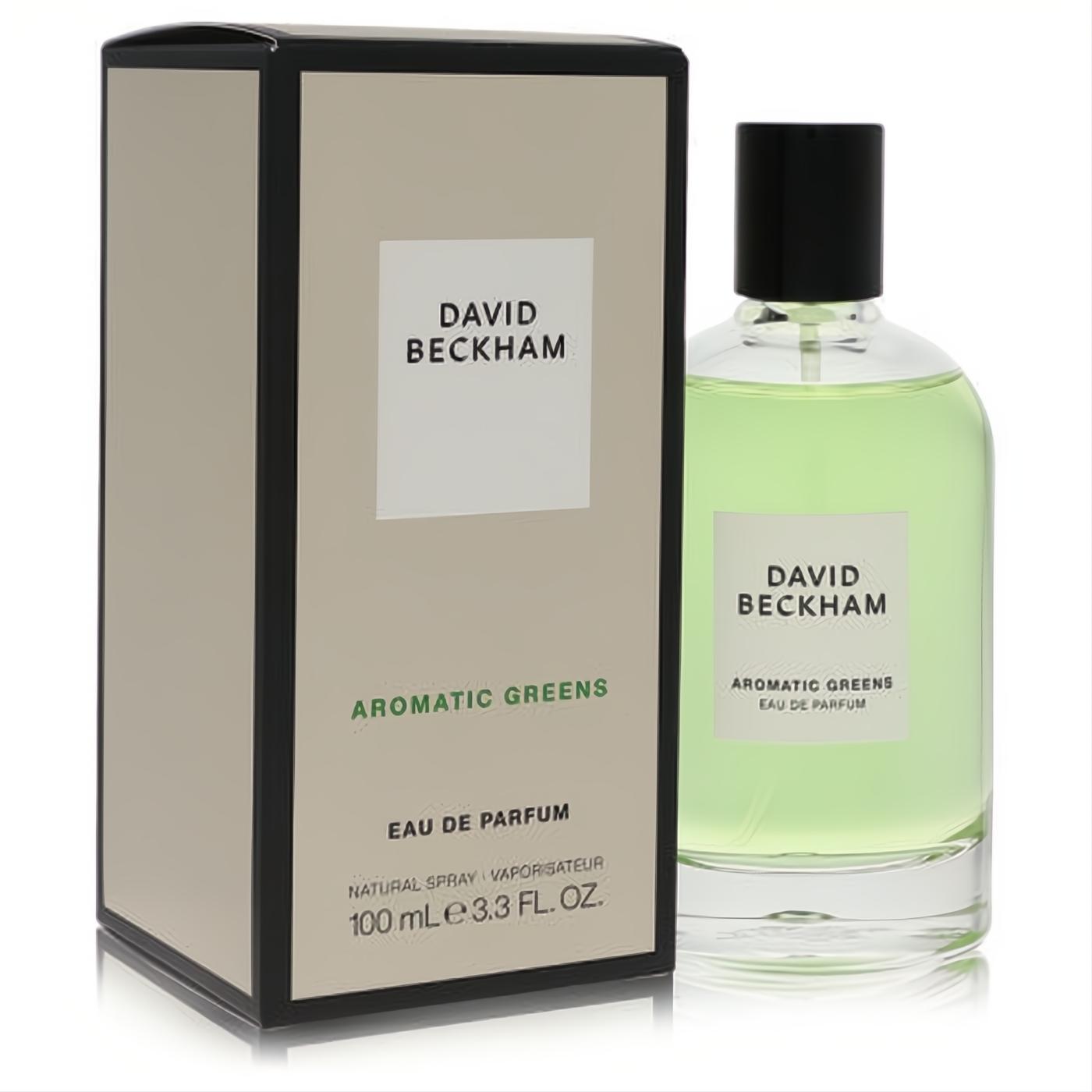 David Beckham Aromatic Greens unisex 3.3 oz EDP. Fresh light green fragrance in a sleek clear bottle with black cap and elegant beige box.