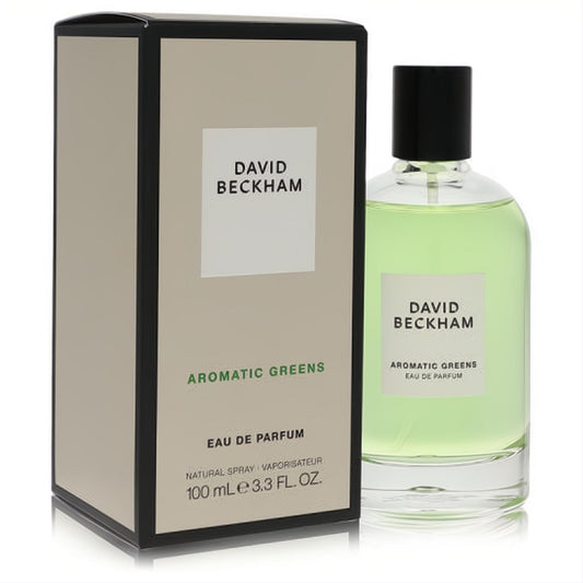 David Beckham Aromatic Greens unisex 3.3 oz EDP. Fresh light green fragrance in a sleek clear bottle with black cap and elegant beige box.