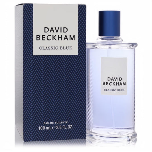 David Beckham Classic Blue 3.3 oz EDT. Sleek clear glass bottle with a vibrant blue cap, next to its elegant chevron box.