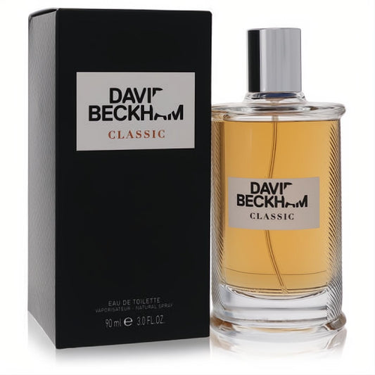 David Beckham Classic 3 oz EDT: sophisticated amber fragrance in a clear glass bottle with a silver cap, next to its sleek black box.