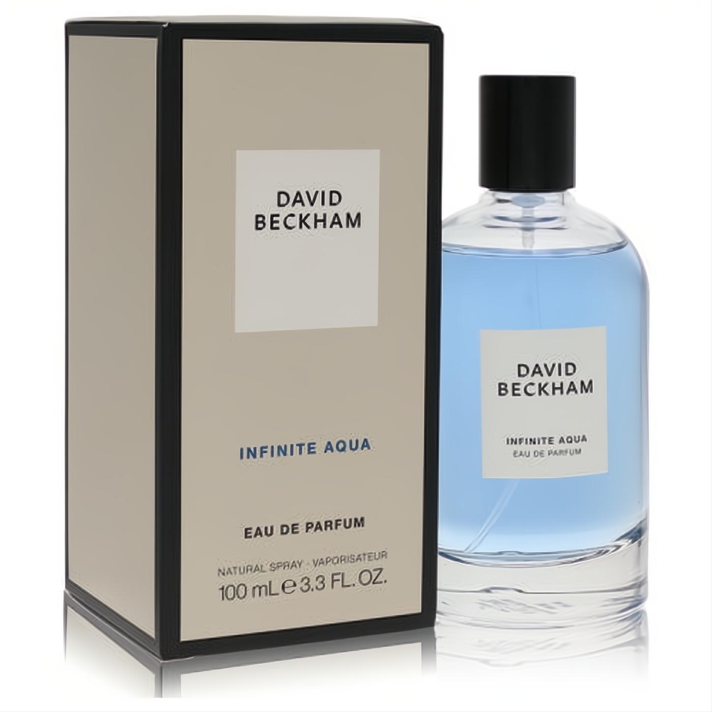David Beckham Infinite Aqua 3.3 oz EDP. Refreshing light blue fragrance in a sleek glass bottle with a modern beige box.