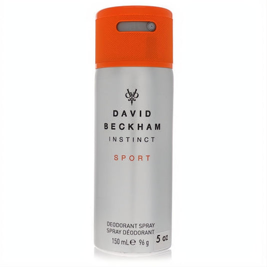 David Beckham Instinct Sport 5 oz deodorant spray. Sleek silver can with a vibrant orange cap and sporty textured grip.