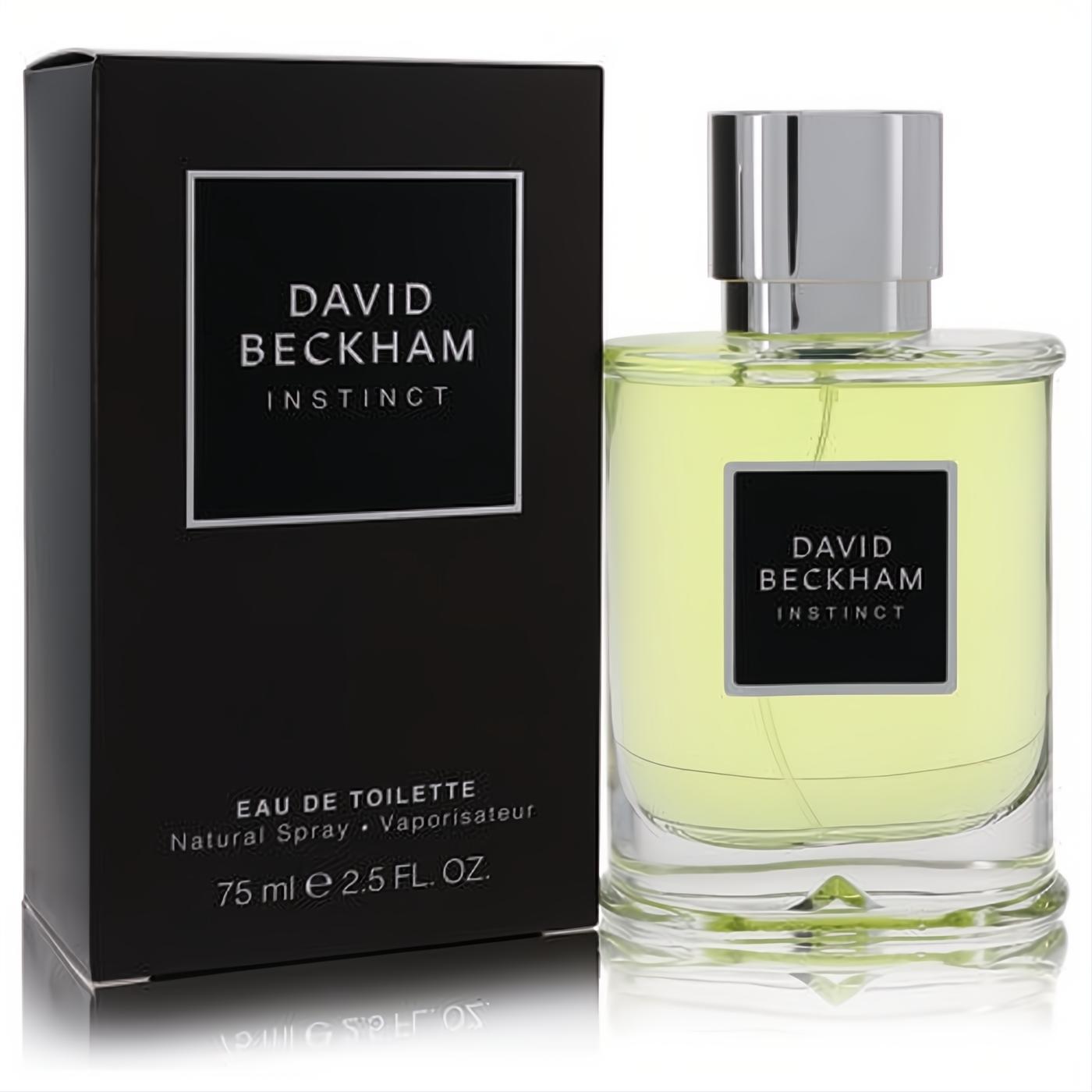 David Beckham Instinct 2.5 oz EDT. Sleek clear glass bottle with light yellow-green fragrance, silver cap, and elegant black box.
