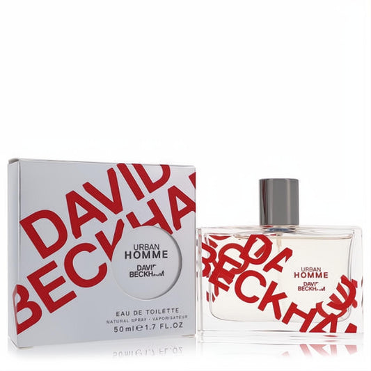 David Beckham Urban Homme 1.7 oz EDT for men. Clear glass bottle with bold red logo, sleek grey cap, and crisp white box.