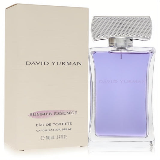Luxurious David Yurman Summer Essence 3.4 oz EDT. Clear bottle with captivating purple fragrance, ribbed silver cap, and elegant beige box.