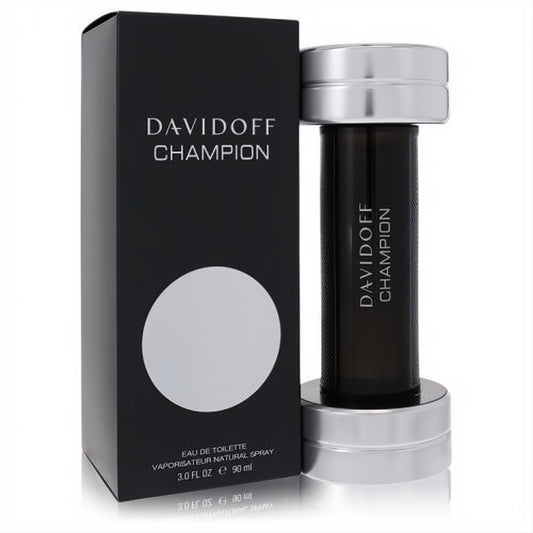 Davidoff Champion 3 oz men's cologne, a bold black dumbbell bottle with sleek silver accents, next to its elegant black box.