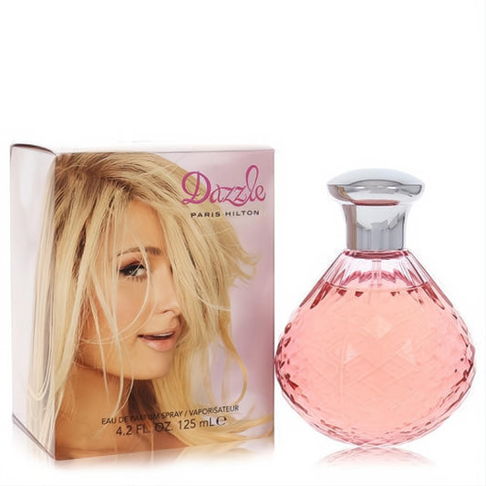 Dazzle by Paris Hilton 4.2 oz Eau De Parfum. Elegant faceted pink glass bottle with silver cap and matching box featuring Paris Hilton.