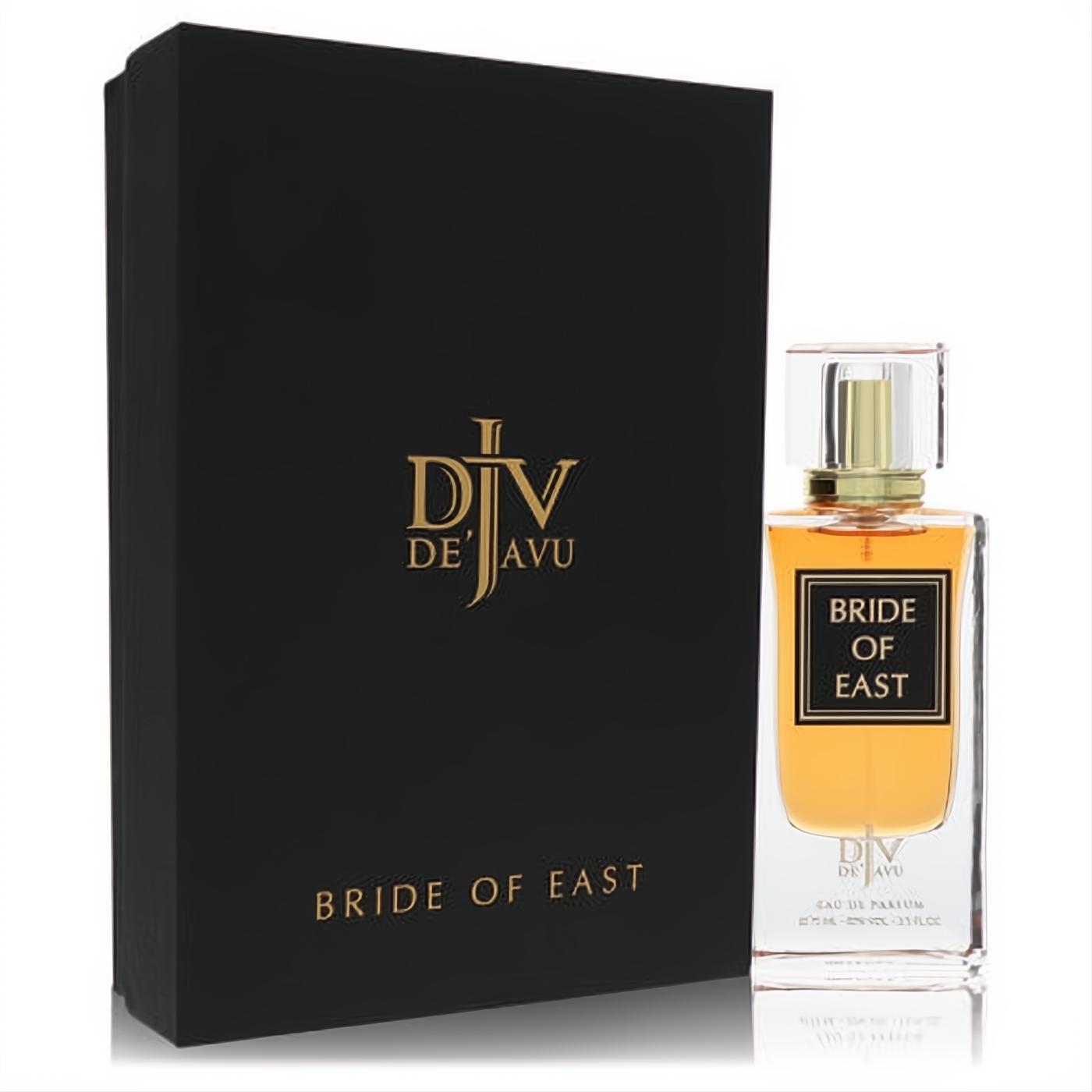 De'Javu Bride of East 2.5 oz unisex EDP. Golden amber fragrance in a clear bottle with black label, beside a luxurious matte black box.