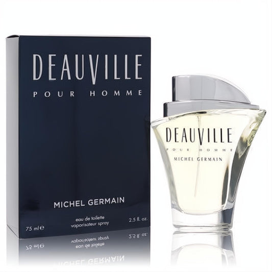 Sophisticated Deauville by Michel Germain 2.5 oz EDT. Features a unique clear glass bottle with silver cap and elegant dark blue box.