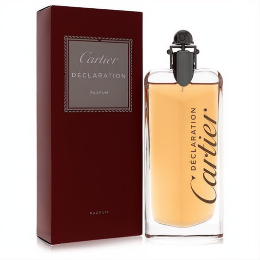 Sophisticated Cartier Declaration Parfum spray. Clear glass bottle with amber liquid, unique dark cap, and elegant deep red branded box.