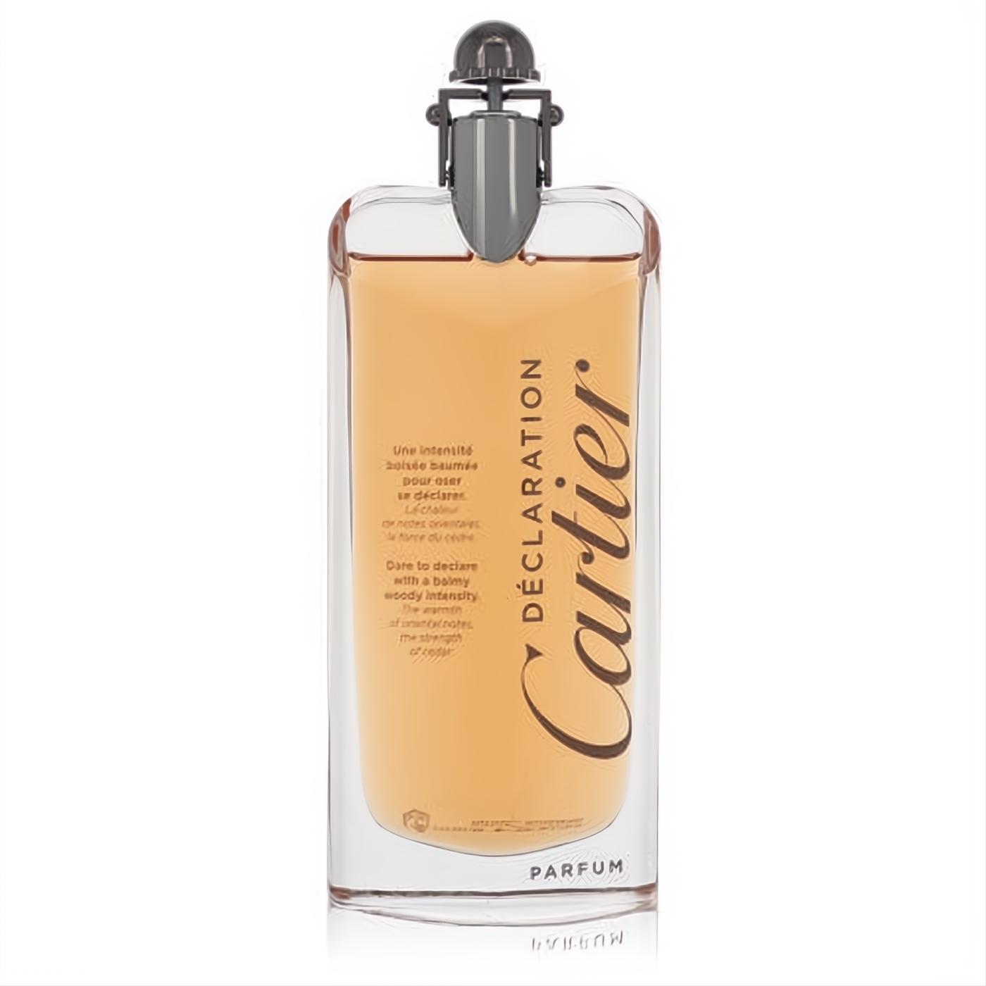 Experience Cartier Declaration men's Eau De Parfum tester. Sleek clear bottle, rich amber scent, distinctive metallic cap.