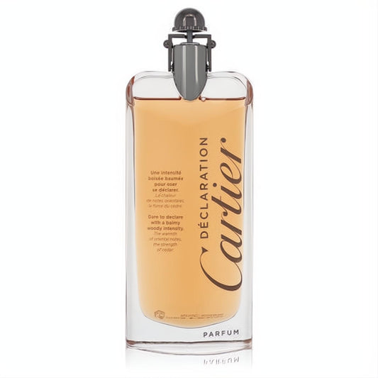 Experience Cartier Declaration men's Eau De Parfum tester. Sleek clear bottle, rich amber scent, distinctive metallic cap.