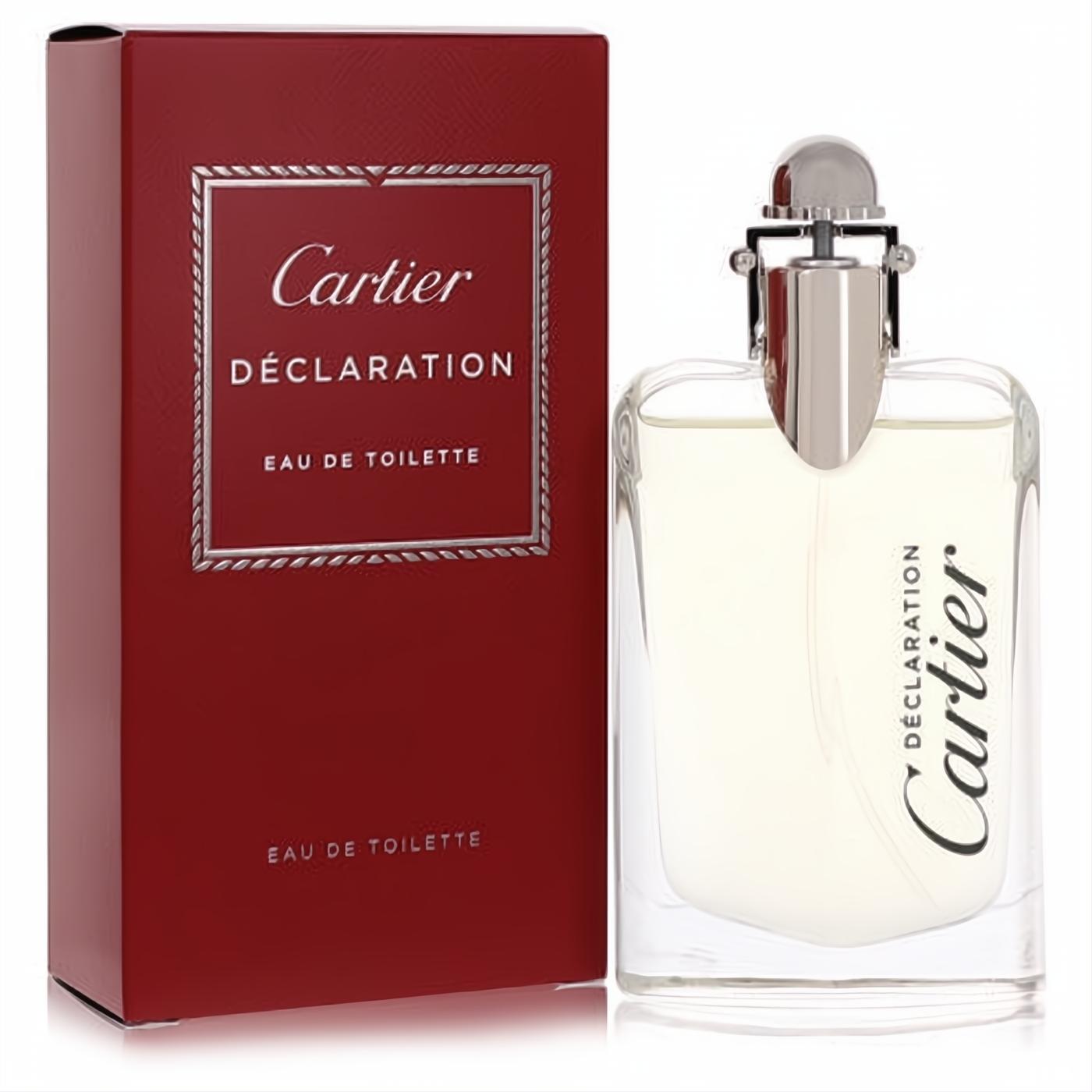 Elegant Cartier Declaration 1.7 oz EDT spray. Features a luxurious red box and a sleek clear glass bottle with a distinctive silver cap.