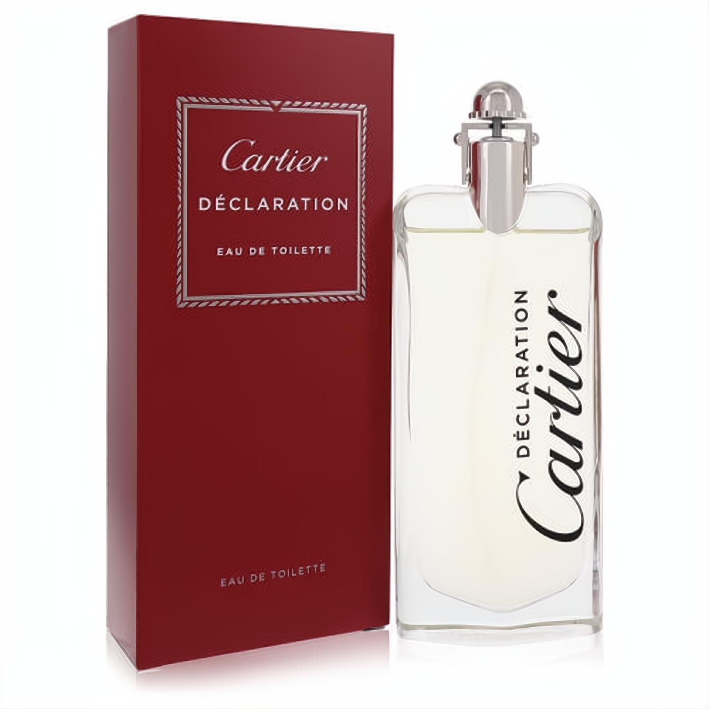 Cartier Declaration Men's Eau de Toilette 3.3 oz. Sleek clear glass bottle with silver cap next to its iconic red box.