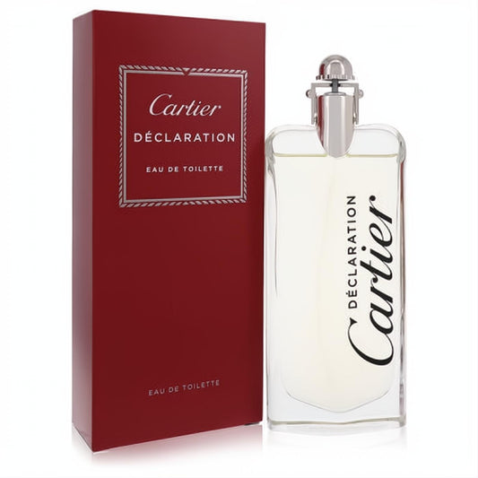 Cartier Declaration Men's Eau de Toilette 3.3 oz. Sleek clear glass bottle with silver cap next to its iconic red box.