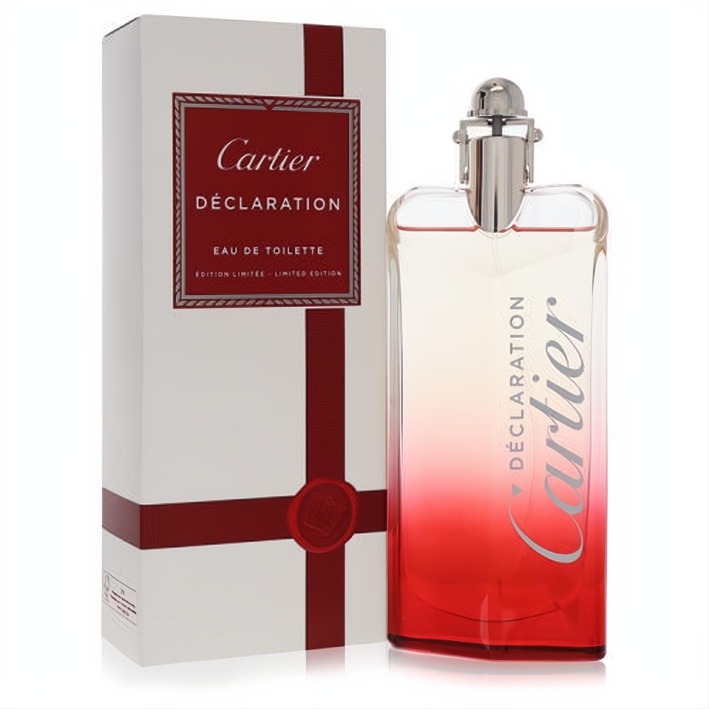 Cartier Declaration Limited Edition Eau de Toilette. Elegant red gradient glass bottle, silver cap, beside a white box with a bold red ribbon.
