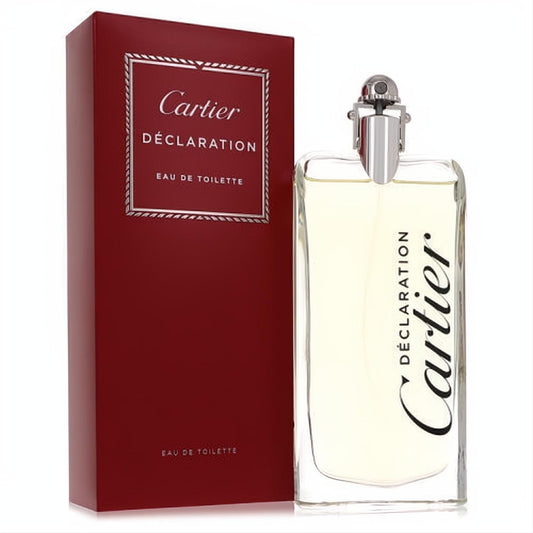 Sophisticated Cartier Declaration 5 oz EDT in a sleek clear bottle with silver cap, beside its luxurious deep red box.