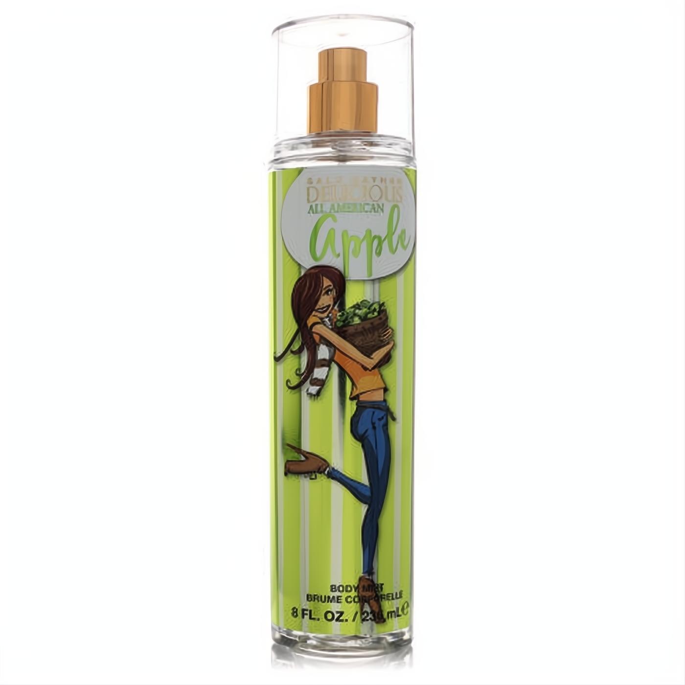 Gale Hayman Delicious All American Apple 8oz body mist. Clear bottle, lively green striped label with a girl and fresh apples.