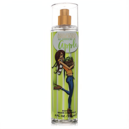Gale Hayman Delicious All American Apple 8oz body mist. Clear bottle, lively green striped label with a girl and fresh apples.