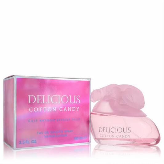 Gale Hayman Delicious Cotton Candy women's 3.3 oz EDT. Pink glass perfume bottle with a unique wavy cap and vibrant gradient box.