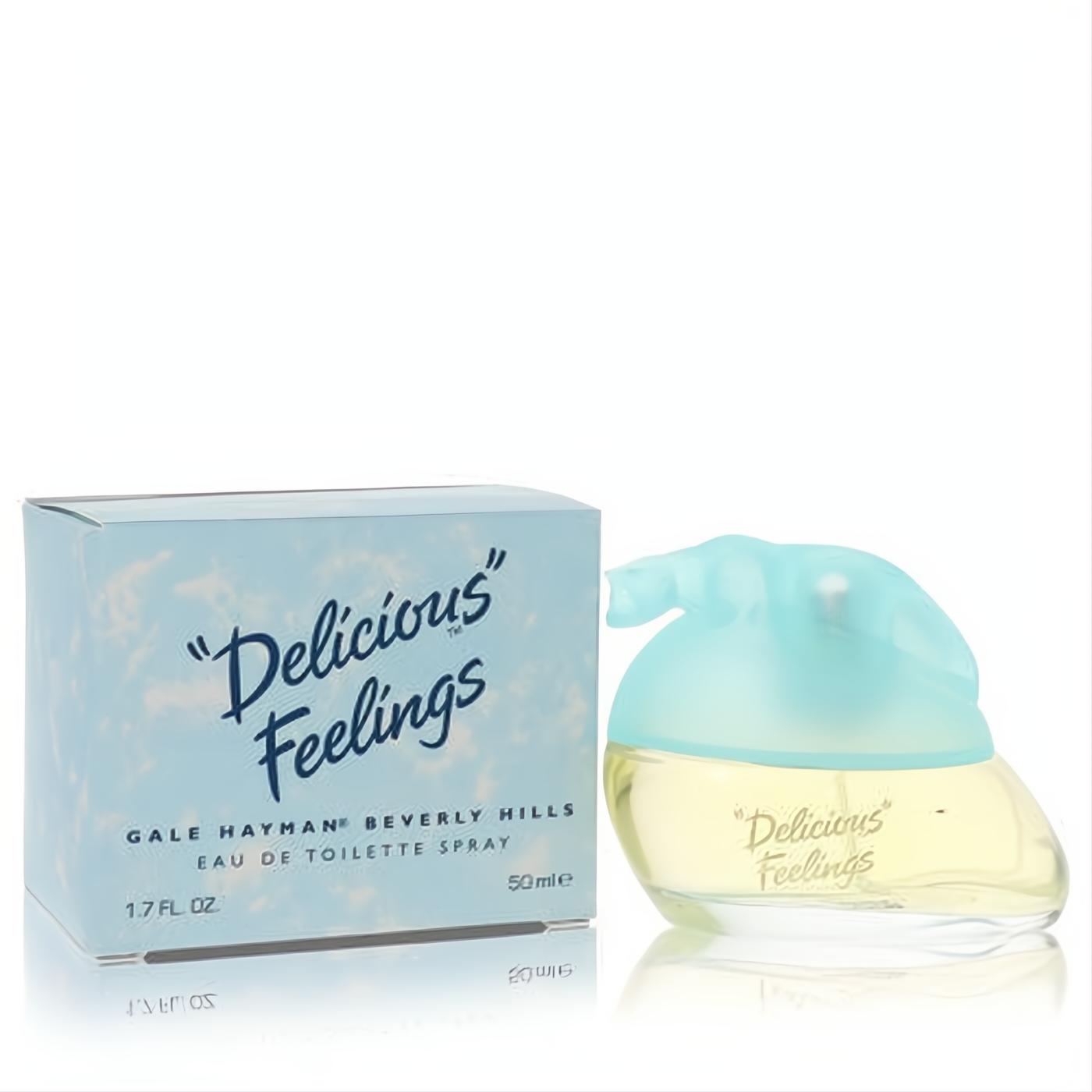 Delicious Feelings by Gale Hayman 1.7 oz EDT. Unique glass bottle, pale yellow fragrance, elegant light blue cloud cap, matching box.