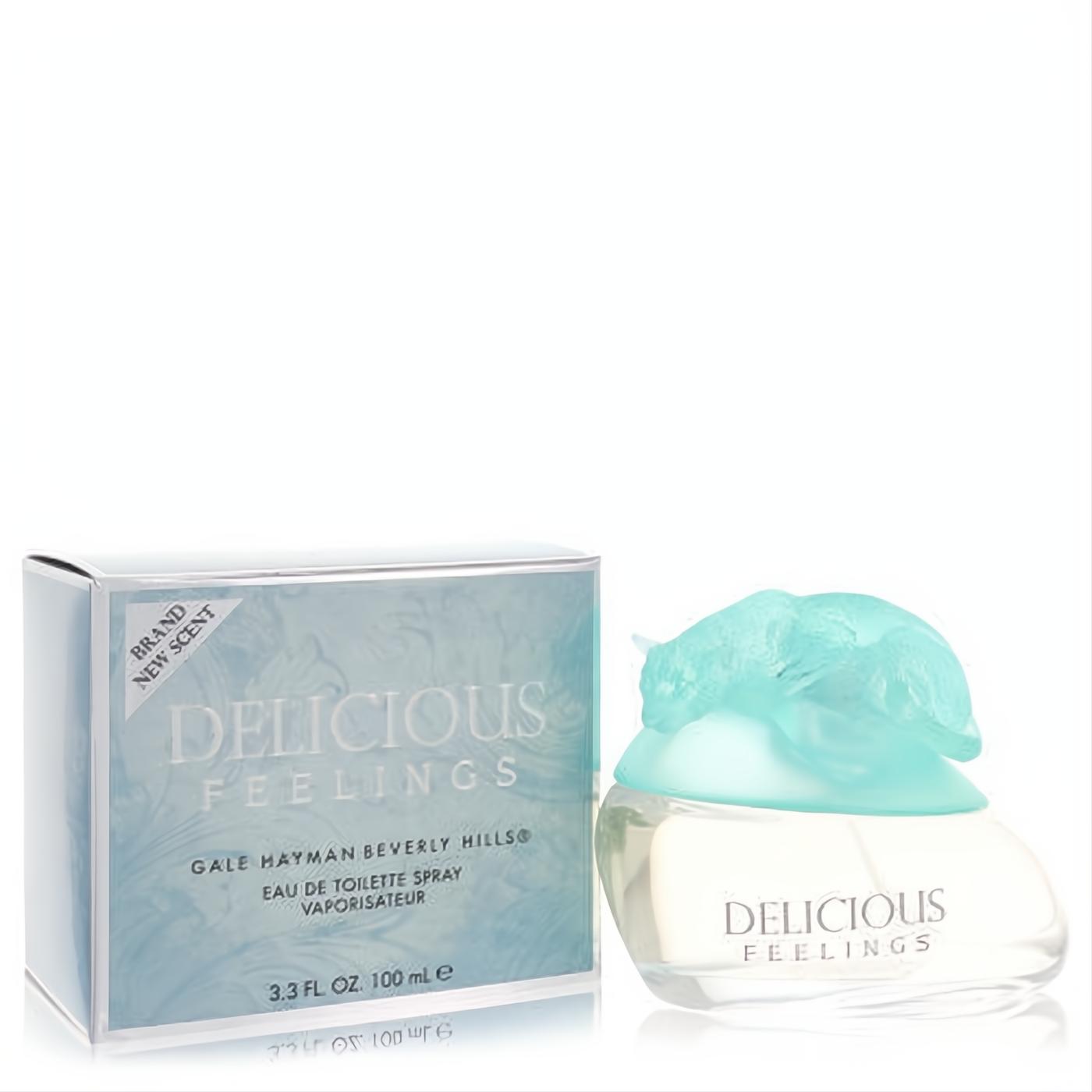 Gale Hayman Delicious Feelings 3.3 oz EDT spray. Elegant clear bottle with a unique aqua cat cap and new blue packaging.