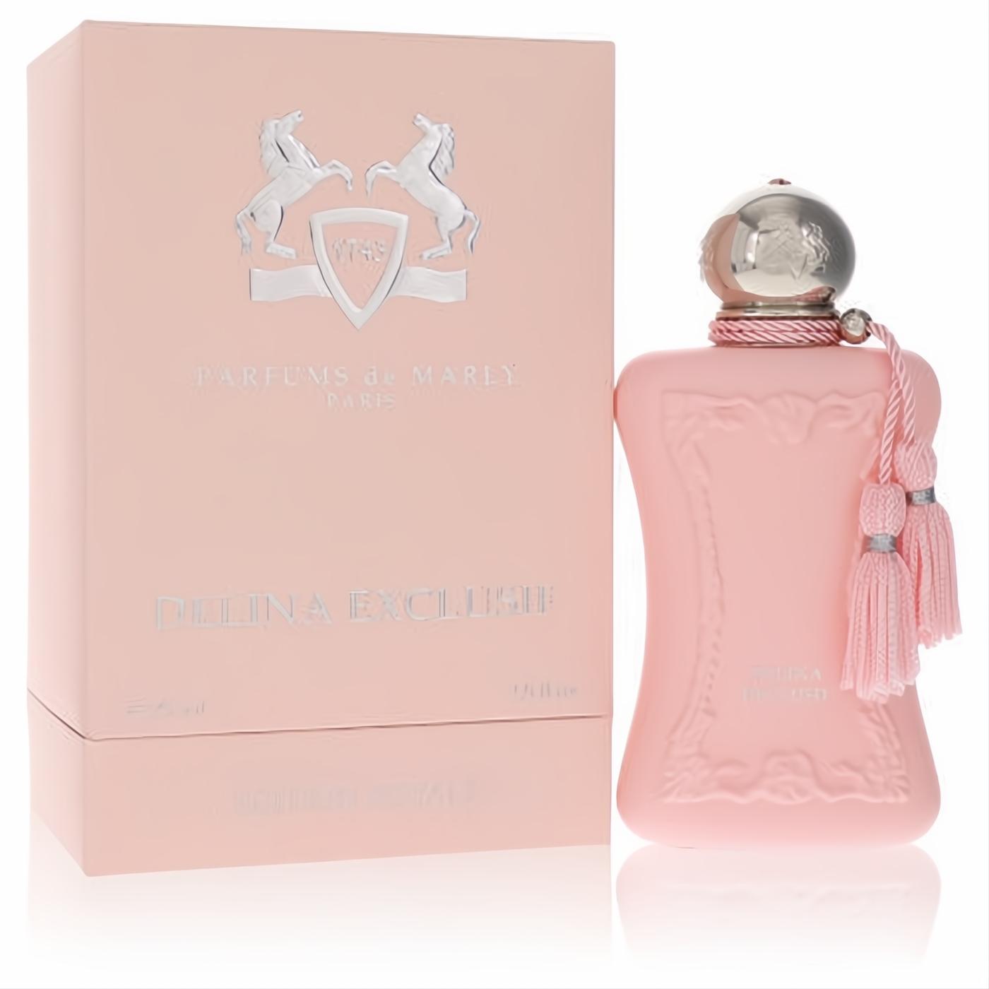 Elegant pink Delina Exclusif perfume bottle by Parfums de Marly, with silver cap, ornate design, and delicate tassels, beside its box.