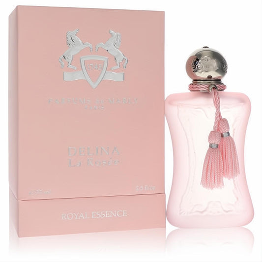 Luxurious Delina La Rosée 2.5 oz EDP in a frosted pink bottle with elegant silver cap and charming pink tassels.