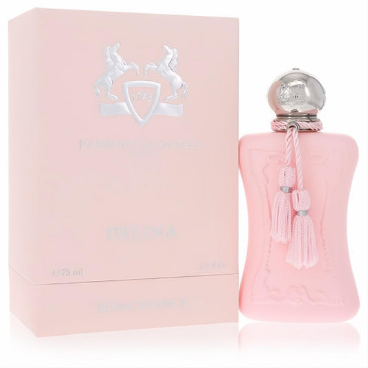 Delina by Parfums De Marly 75ml pink perfume bottle, featuring a silver cap and elegant tassels, presented with its matching box.